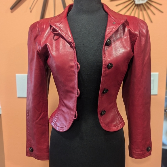 Vintage 80s YSL Saint Laurent Rive Gauche Red Leather Jacket 36 XS Luxury - Picture 1 of 15